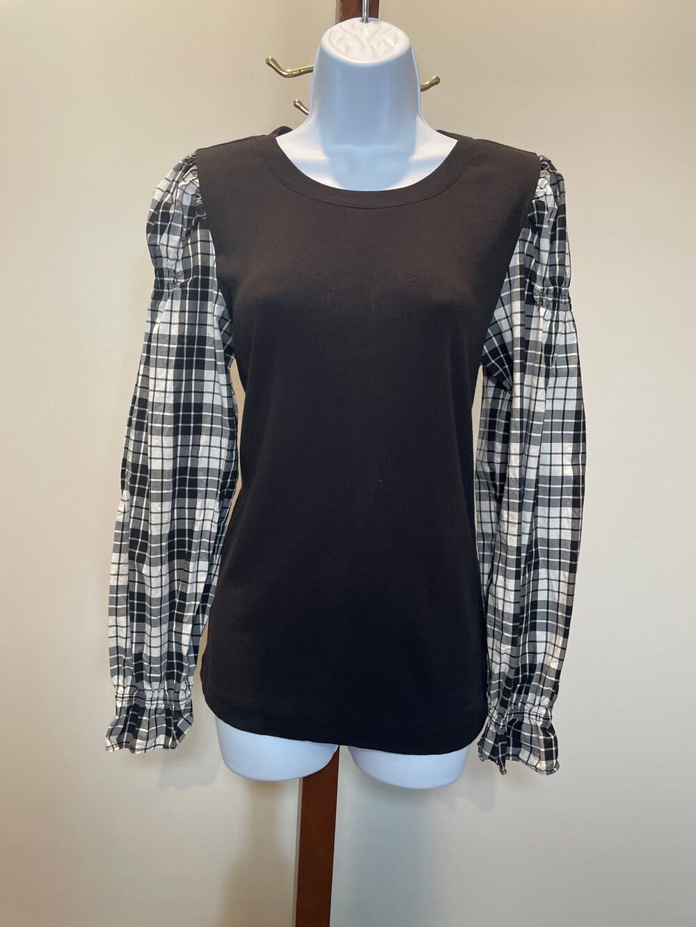 LOFT Black Knit Top Size M Plaid Puff Sleeves Cotton Blend Stretch